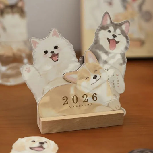 2026 Cute Cat and Dog Calendar – Double-Sided Printing with Wooden Base