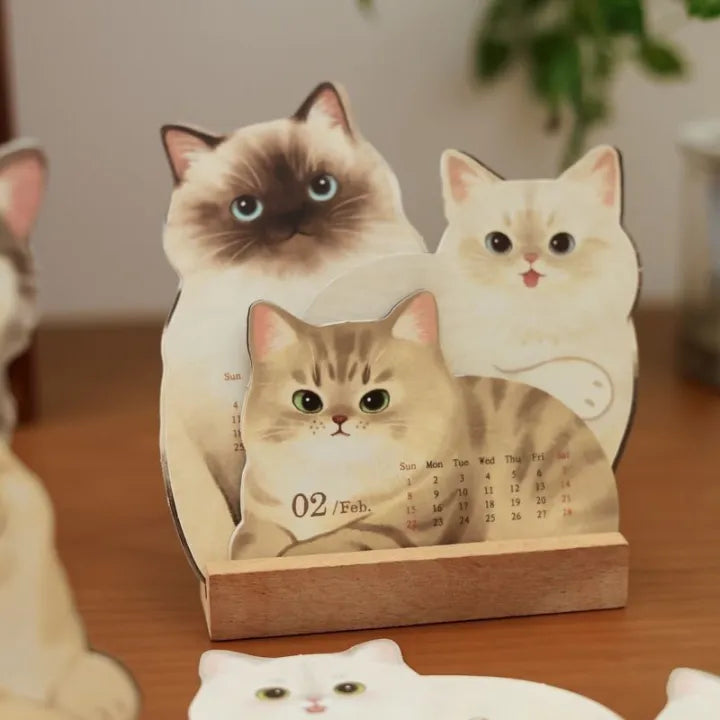 2026 Cute Cat and Dog Calendar – Double-Sided Printing with Wooden Base