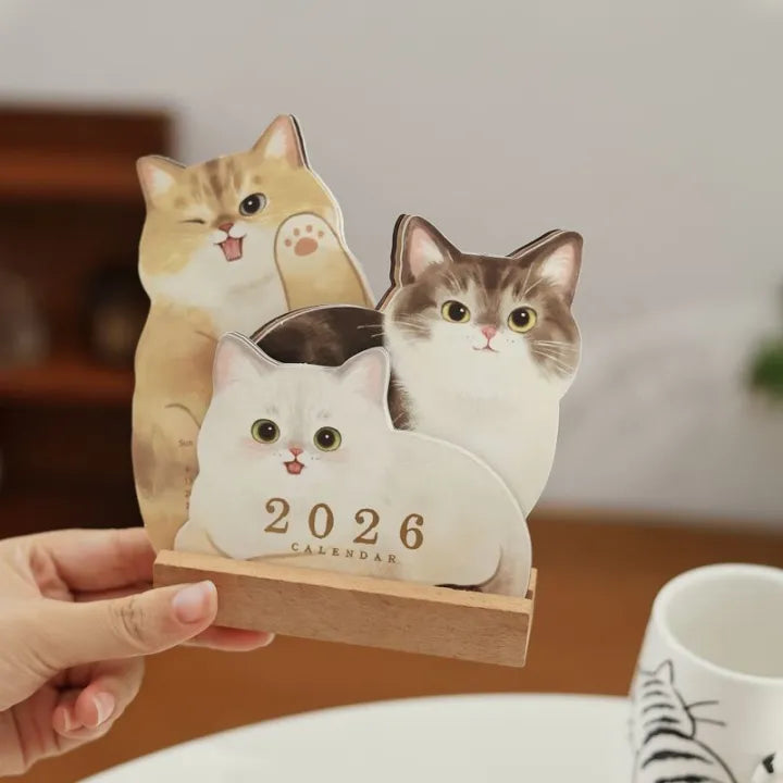 2026 Cute Cat and Dog Calendar – Double-Sided Printing with Wooden Base