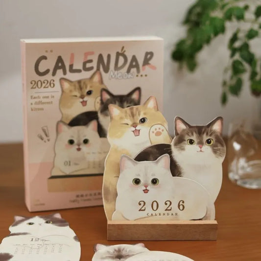 2026 Cute Cat and Dog Calendar – Double-Sided Printing with Wooden Base
